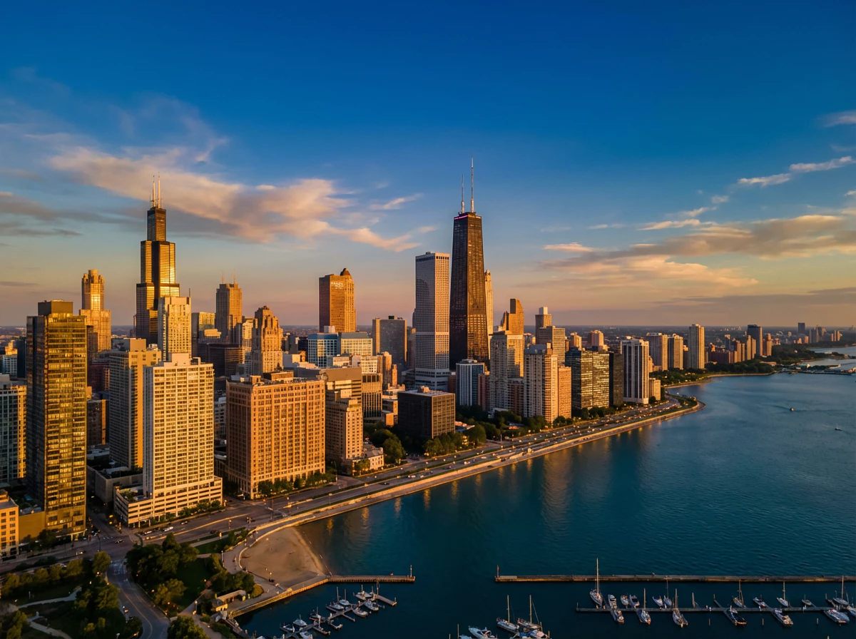 Chicago skyline at sunset